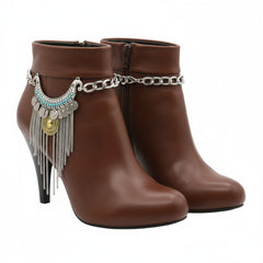 Brand New Women 2PCS Silver Metal Boot Chain Bracelet Shoe Anklet Turquoise Ethnic Charm Set Fashion Jewelry - A PAIR     BC23