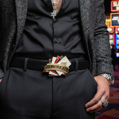 NEW Men Women Gold Metal Casino Cards Belt Buckle Luck Charm Royal Flush Las Vegas Texas Hold 'em