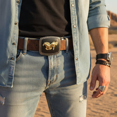 NEW Shiny Gold Horse Black Rectangular Metal Belt Buckle