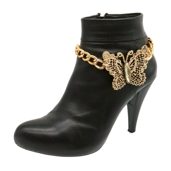 Women Gold Metal Chain Boot Bracelet Shoe Butterfly Charm