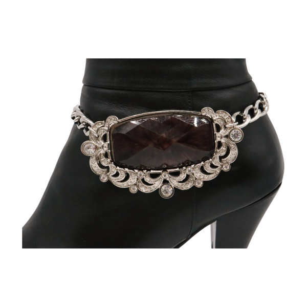 Women Silver Metal Chain Boot Bracelet Shoe Big Brown Bead Charm