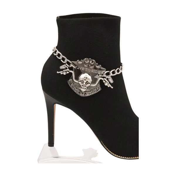 Women Silver Metal Chain Links Boot Bracelet Shoe LIVE TO RIDE Charm