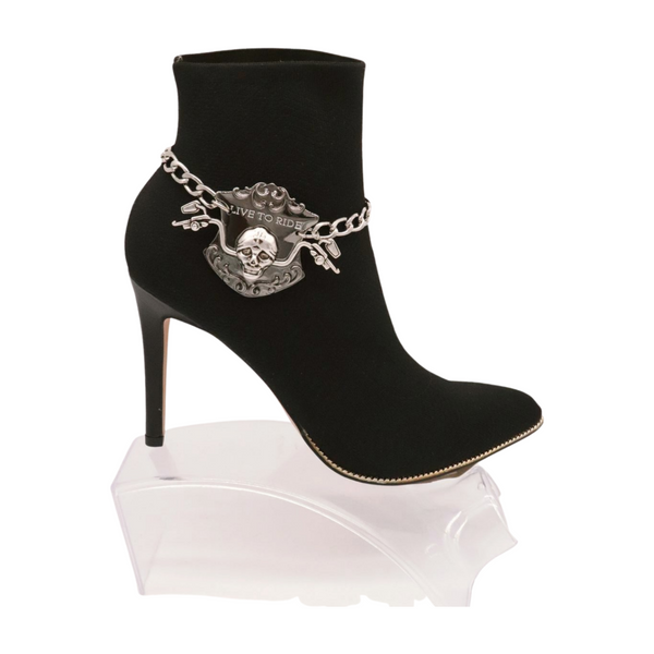 Women Silver Metal Chain Links Boot Bracelet Shoe LIVE TO RIDE Charm