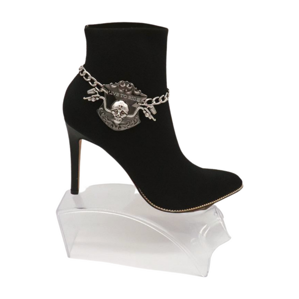 Women Silver Metal Chain Links Boot Bracelet Shoe LIVE TO RIDE Charm