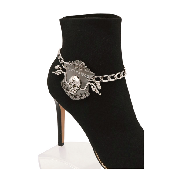 Women Silver Metal Chain Links Boot Bracelet Shoe LIVE TO RIDE Charm