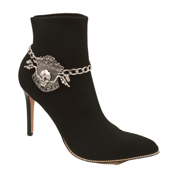 Women Silver Metal Chain Links Boot Bracelet Shoe LIVE TO RIDE Charm