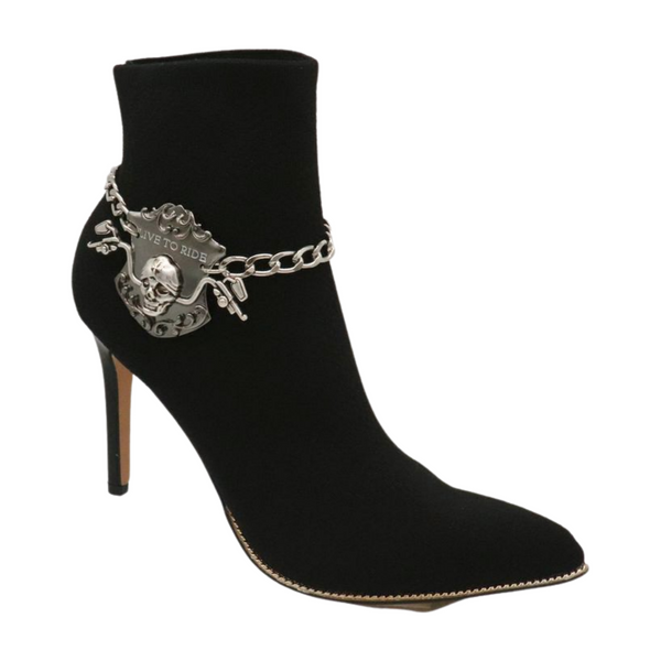 Women Silver Metal Chain Links Boot Bracelet Shoe LIVE TO RIDE Charm