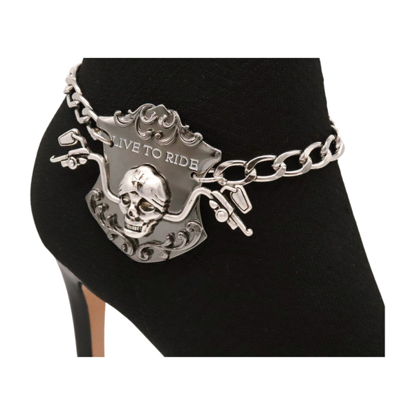 Women Silver Metal Chain Links Boot Bracelet Shoe LIVE TO RIDE Charm