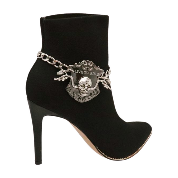 Women Silver Metal Chain Links Boot Bracelet Shoe LIVE TO RIDE Charm