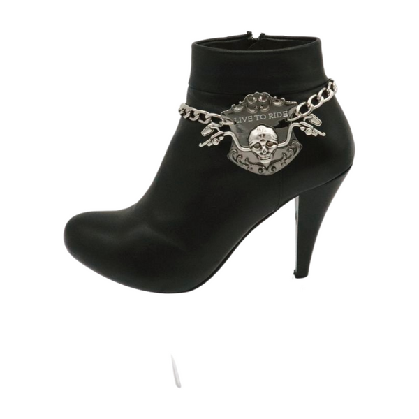 Women Silver Metal Chain Links Boot Bracelet Shoe LIVE TO RIDE Charm