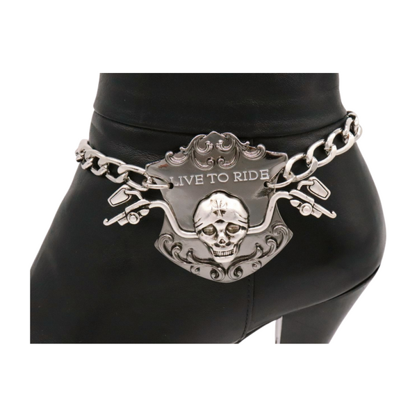 Women Silver Metal Chain Links Boot Bracelet Shoe LIVE TO RIDE Charm