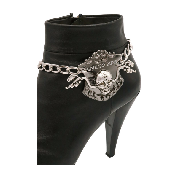 Women Silver Metal Chain Links Boot Bracelet Shoe LIVE TO RIDE Charm