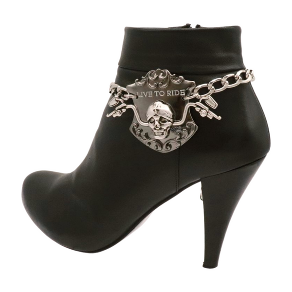 Women Silver Metal Chain Links Boot Bracelet Shoe LIVE TO RIDE Charm