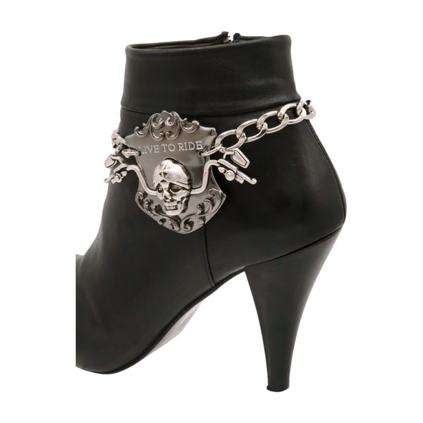 Women Silver Metal Chain Links Boot Bracelet Shoe LIVE TO RIDE Charm