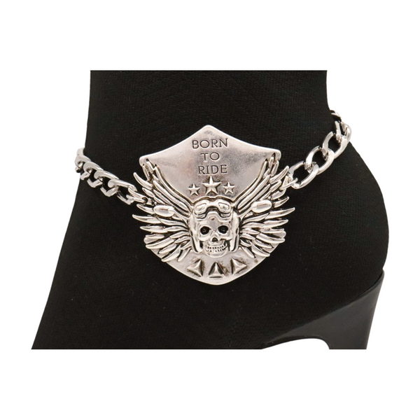 Women Silver Boot Chain Bracelet Shoe BORN TO RIDE Charm