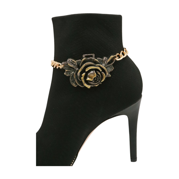 Women Gold Metal Chain Boot Bracelet Shoe Rose Flower Charm