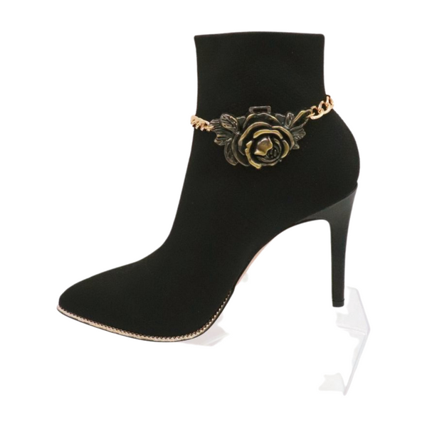 Women Gold Metal Chain Boot Bracelet Shoe Rose Flower Charm