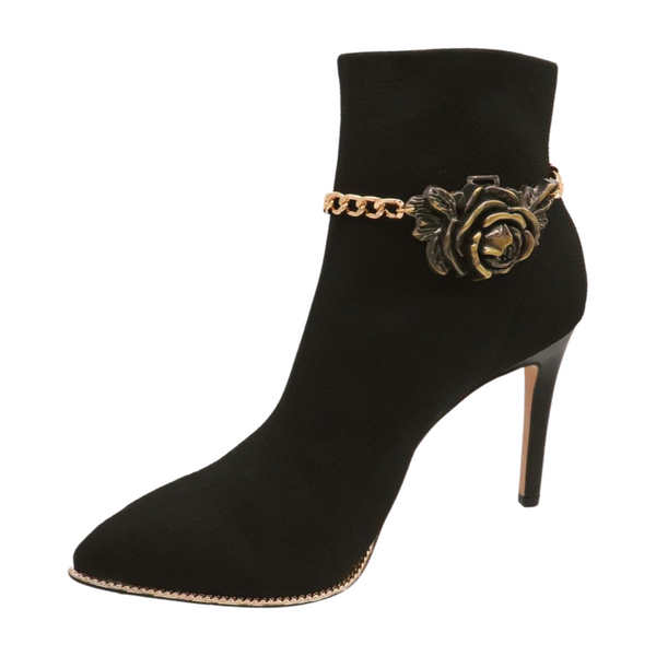 Women Gold Metal Chain Boot Bracelet Shoe Rose Flower Charm