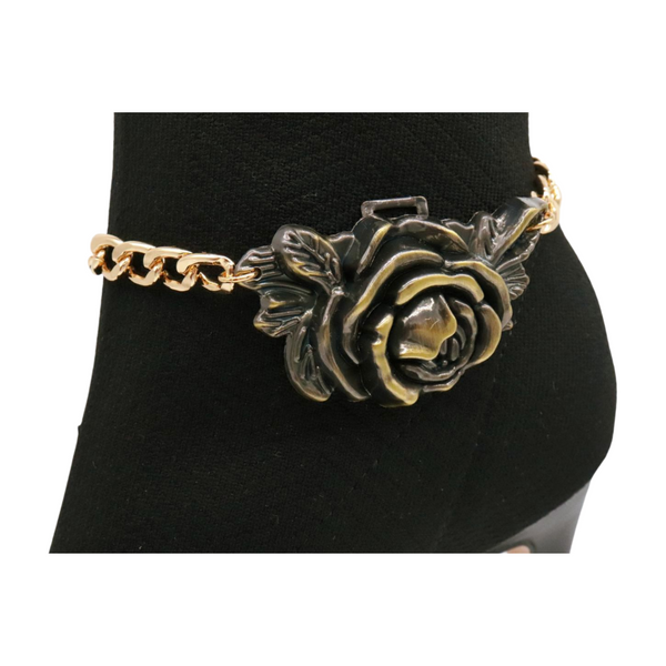 Women Gold Metal Chain Boot Bracelet Shoe Rose Flower Charm