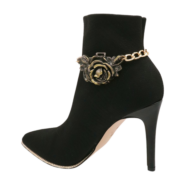 Women Gold Metal Chain Boot Bracelet Shoe Rose Flower Charm