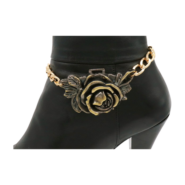 Women Gold Metal Chain Boot Bracelet Shoe Rose Flower Charm
