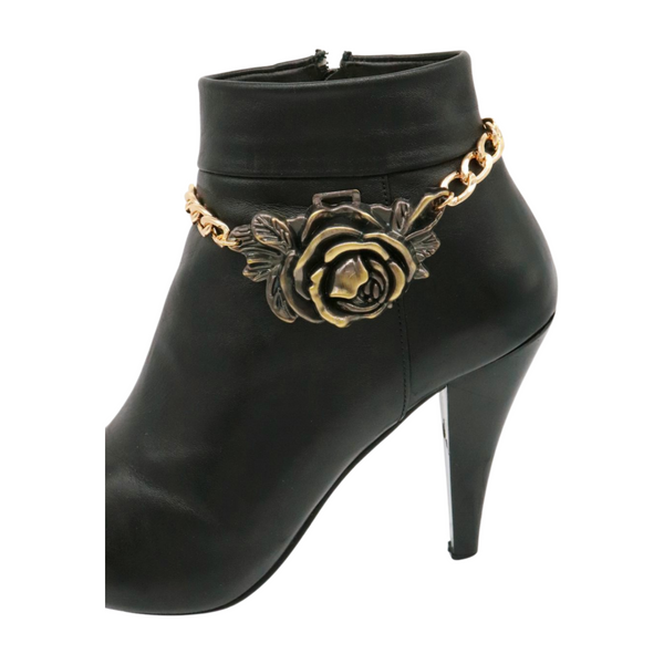 Women Gold Metal Chain Boot Bracelet Shoe Rose Flower Charm