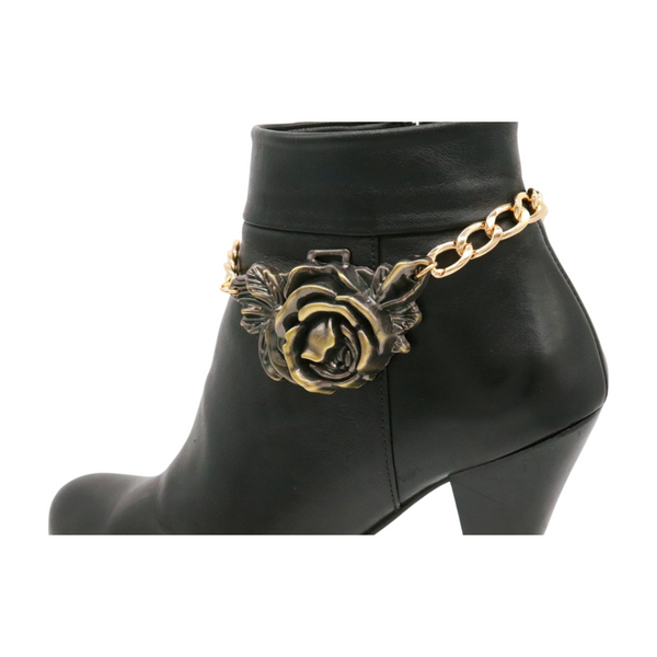 Women Gold Metal Chain Boot Bracelet Shoe Rose Flower Charm