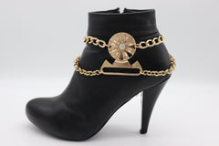 Brand New Women 2PCS Gold Metal Boot Chain Bracelet Shoe Anklet Flower Charm Set Fashion Jewelry - A PAIR     BC36
