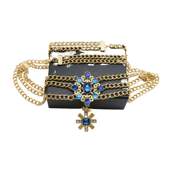 Brand New Women Rusty Gold Metal Chain Belt British Blue Cross Star Charms M