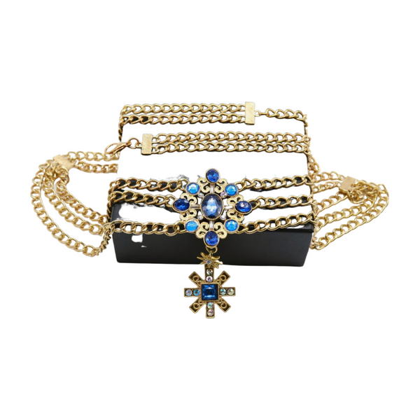 Brand New Women Rusty Gold Metal Chain Belt British Blue Cross Star Charms M