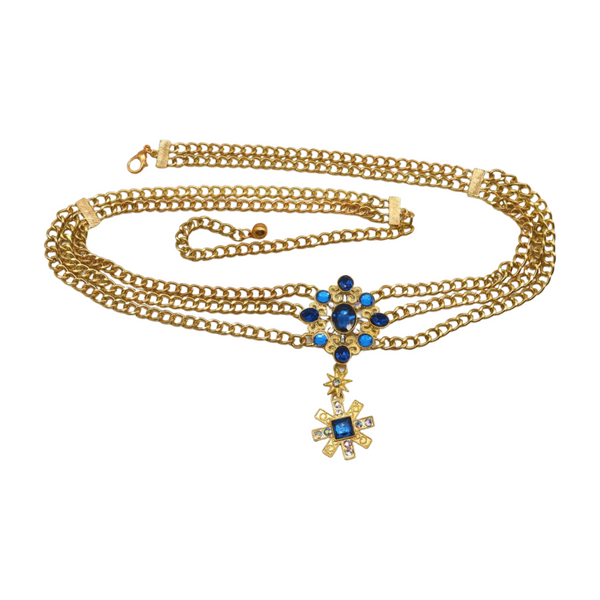 Brand New Women Rusty Gold Metal Chain Belt British Blue Cross Star Charms M