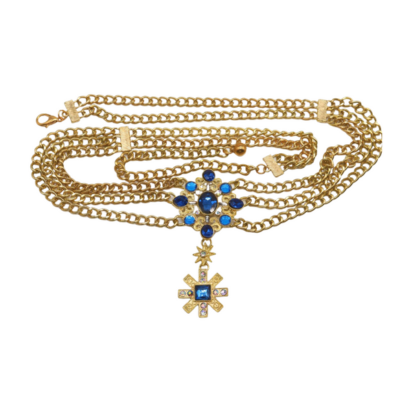 Brand New Women Rusty Gold Metal Chain Belt British Blue Cross Star Charms M