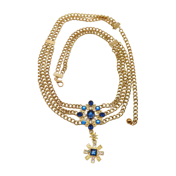 Brand New Women Rusty Gold Metal Chain Belt British Blue Cross Star Charms M