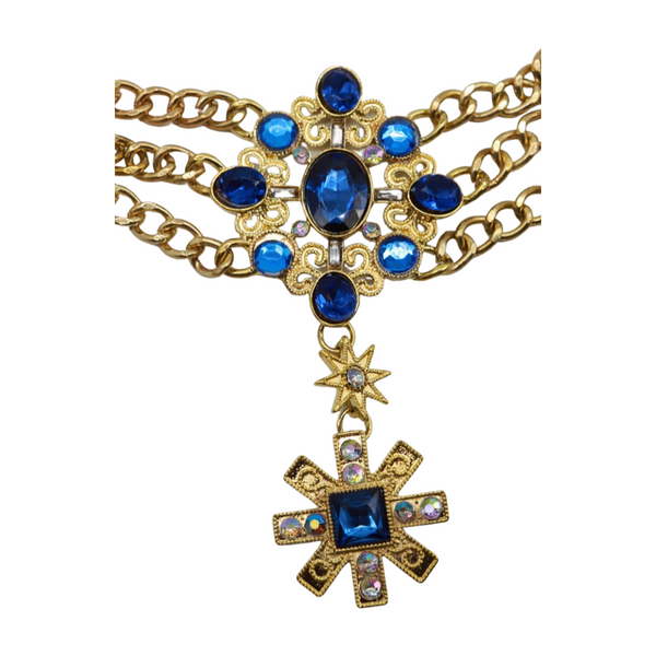 Brand New Women Rusty Gold Metal Chain Belt British Blue Cross Star Charms M