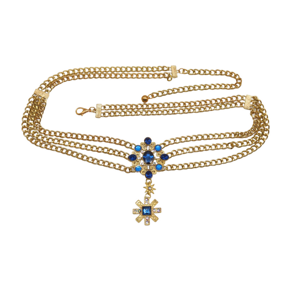 Brand New Women Rusty Gold Metal Chain Belt British Blue Cross Star Charms M
