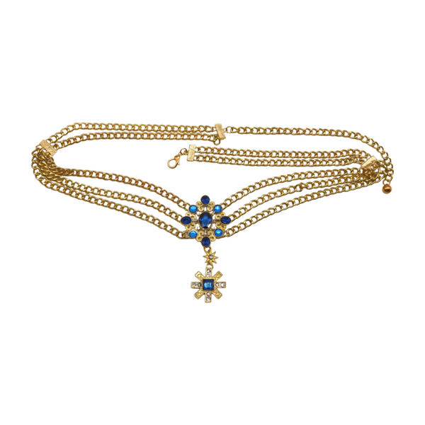 Brand New Women Rusty Gold Metal Chain Belt British Blue Cross Star Charms M