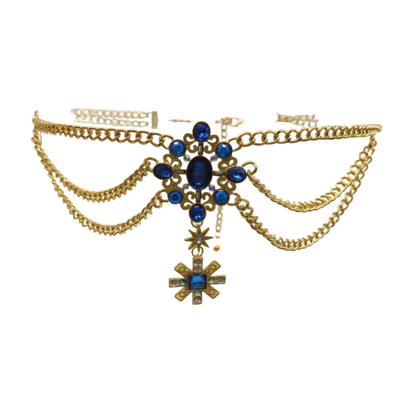 Brand New Women Rusty Gold Metal Chain Belt British Blue Cross Star Charms M
