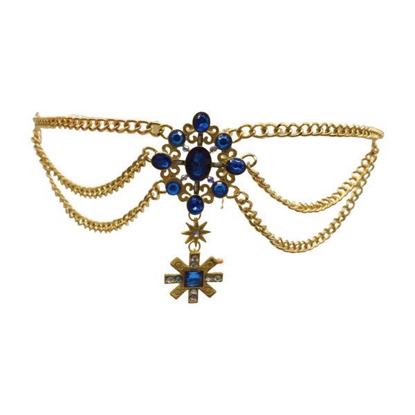 Brand New Women Rusty Gold Metal Chain Belt British Blue Cross Star Charms M
