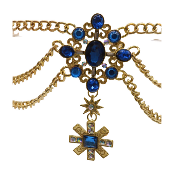 Brand New Women Rusty Gold Metal Chain Belt British Blue Cross Star Charms M