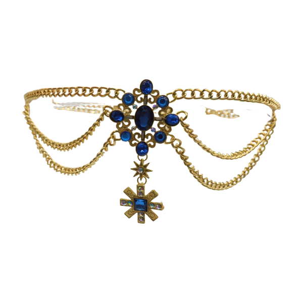 Brand New Women Rusty Gold Metal Chain Belt British Blue Cross Star Charms M