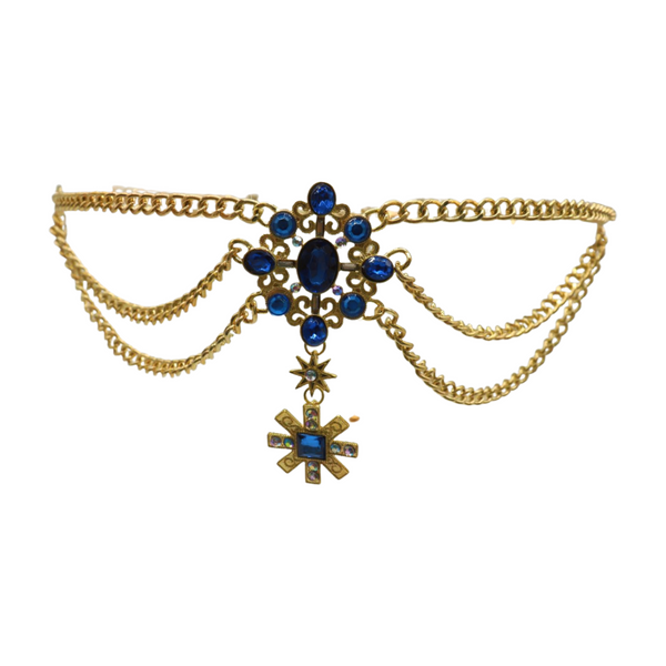 Brand New Women Rusty Gold Metal Chain Belt British Blue Cross Star Charms M