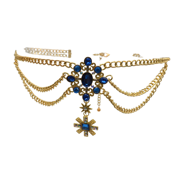 Brand New Women Rusty Gold Metal Chain Belt British Blue Cross Star Charms M