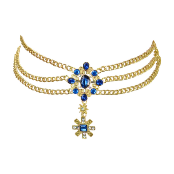 Brand New Women Rusty Gold Metal Chain Belt British Blue Cross Star Charms M