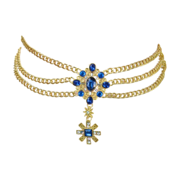 Brand New Women Rusty Gold Metal Chain Belt British Blue Cross Star Charms M