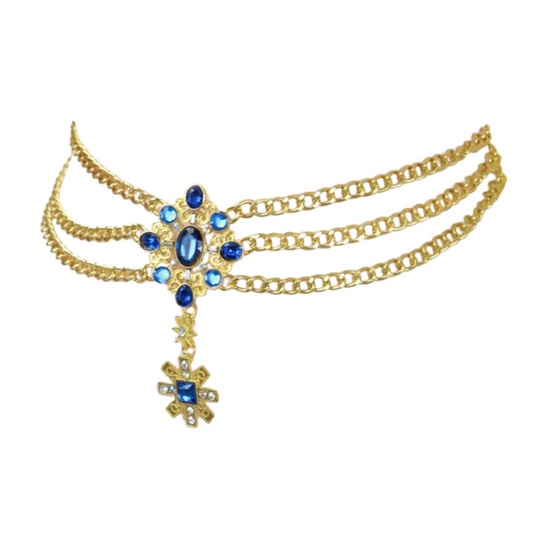 Brand New Women Rusty Gold Metal Chain Belt British Blue Cross Star Charms M