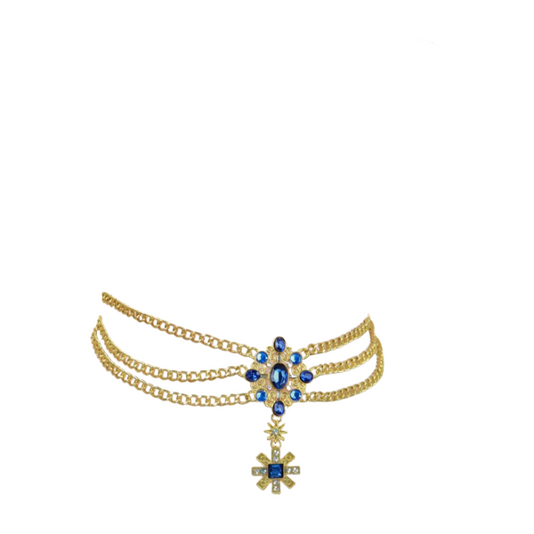 Brand New Women Rusty Gold Metal Chain Belt British Blue Cross Star Charms M