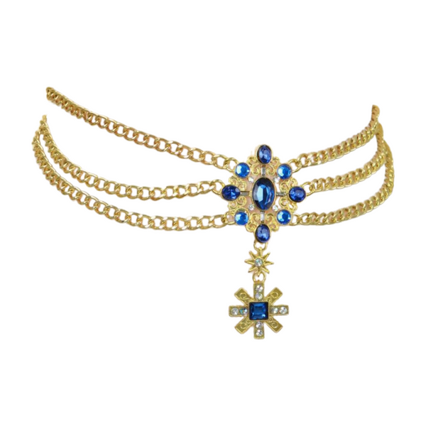 Brand New Women Rusty Gold Metal Chain Belt British Blue Cross Star Charms M