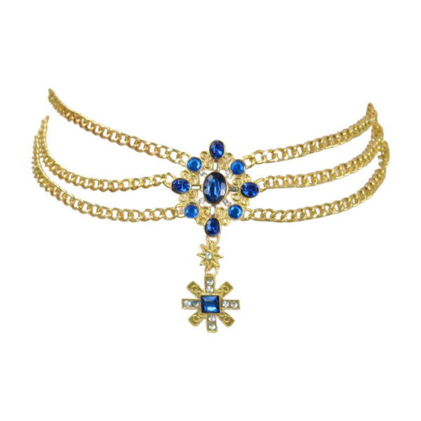 Brand New Women Rusty Gold Metal Chain Belt British Blue Cross Star Charms M