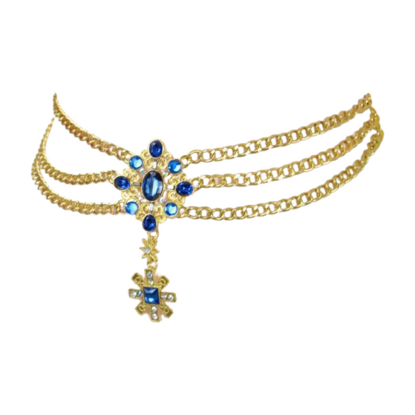 Brand New Women Rusty Gold Metal Chain Belt British Blue Cross Star Charms M