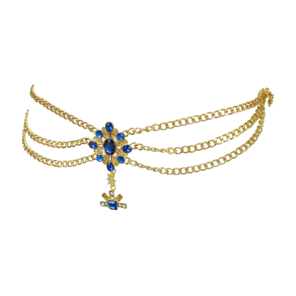 Brand New Women Rusty Gold Metal Chain Belt British Blue Cross Star Charms M